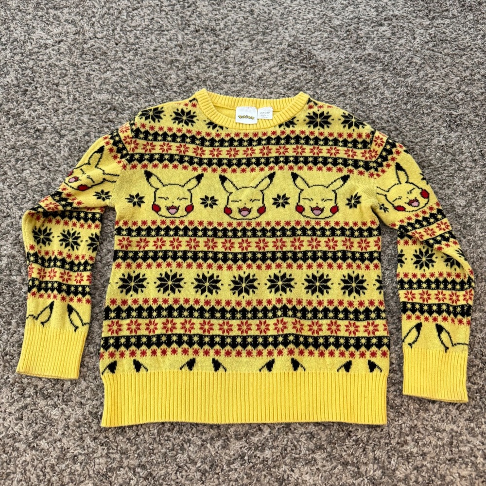 Pokemon Pikachu Kids Fair Isle Holiday Sweater Yellow Knit Pullover XS 4-5